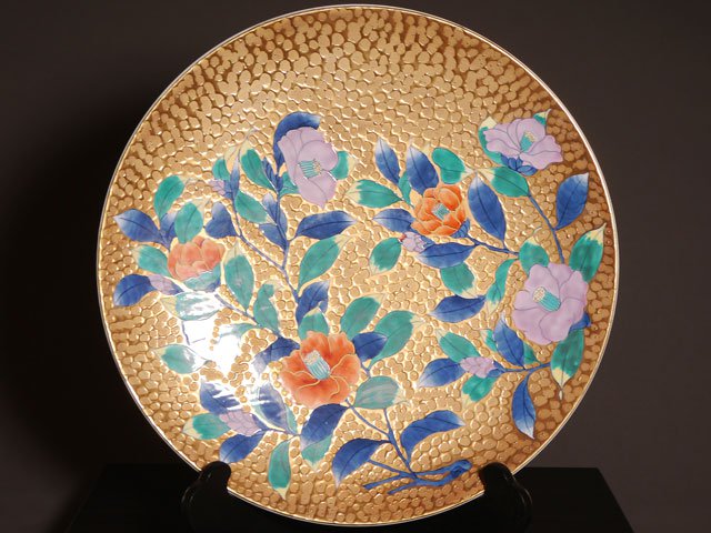 有田烧 大装饰画盘 - 染锦金彩山茶花图