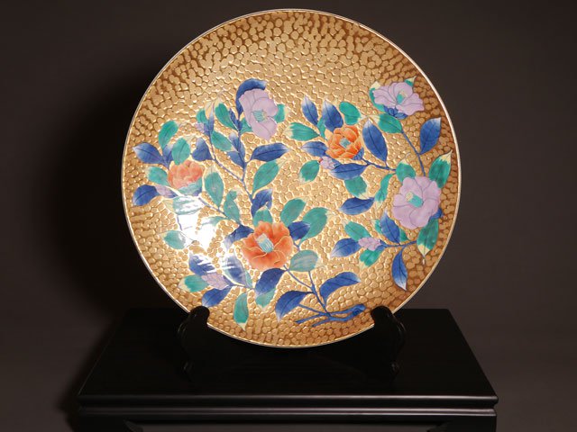 有田烧 大装饰画盘 - 染锦金彩山茶花图