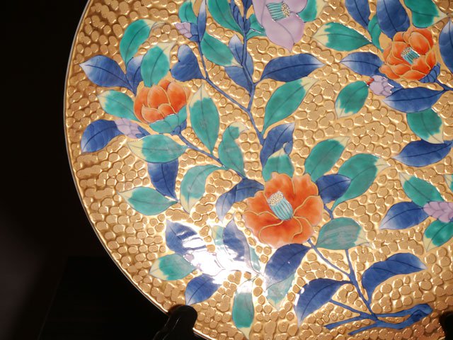 有田烧 大装饰画盘 - 染锦金彩山茶花图