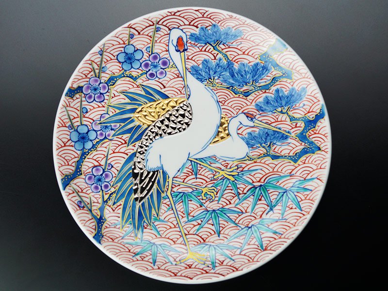 Arita Ware Decorative Plate - Shochikubai and Crane, Somenishiki