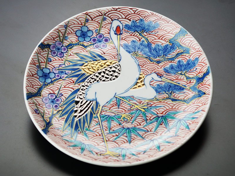 有田烧 装饰画盘 - 染锦 松竹梅仙鹤图