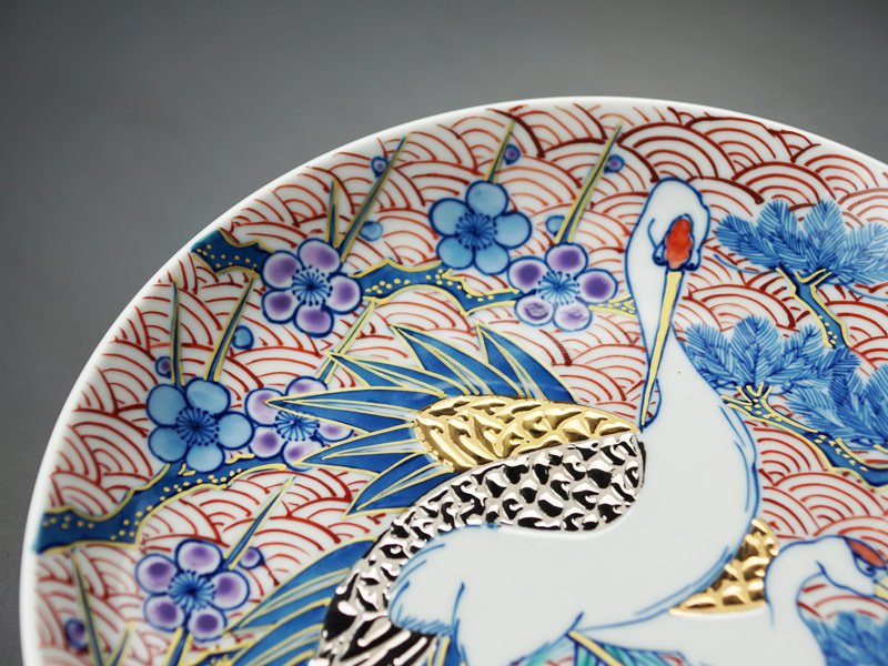 有田烧 装饰画盘 - 染锦 松竹梅仙鹤图