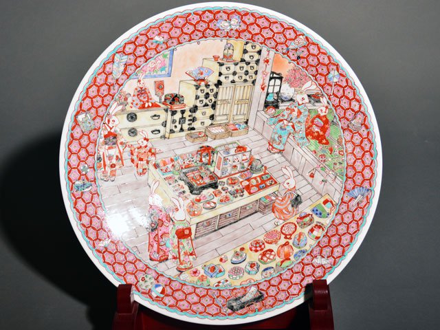 有田烧 大装饰画盘 - 色绘兔图，小畑裕司手绘