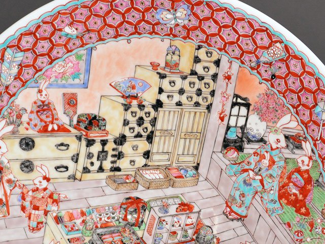 有田烧 大装饰画盘 - 色绘兔图，小畑裕司手绘