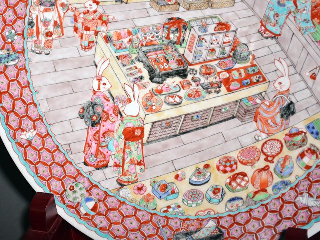 有田烧 大装饰画盘 - 色绘兔图，小畑裕司手绘