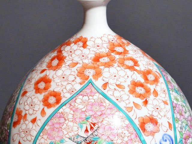 Arita Ware Large Vase - Iroe Cherry Blossoms and Seigaiha Waves, by Obata Yuji