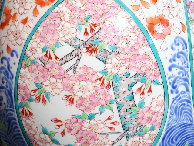 Arita Ware Large Vase - Iroe Cherry Blossoms and Seigaiha Waves, by Obata Yuji