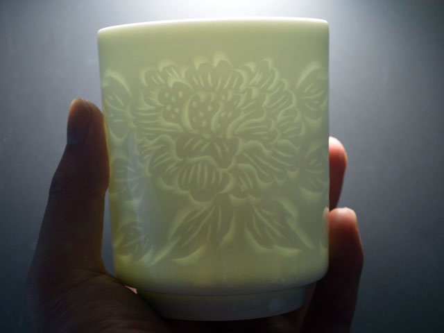 Yunomi Teacup - Hakuji Peony Porcelain, Hand Carved by Mikihiko Yamaguchi