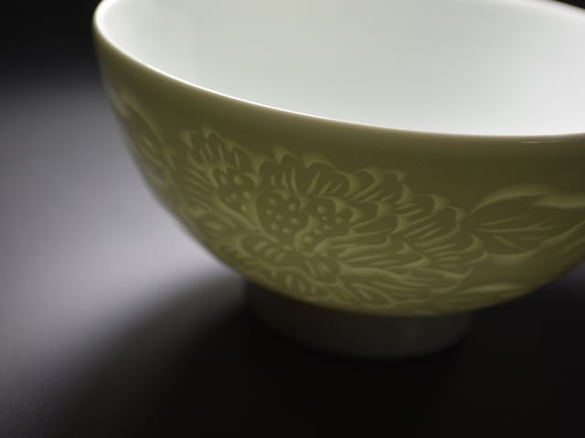 Japanese Rice Bowl - Hakuji Peony Porcelain, Hand Carved by Mikihiko Yamaguchi