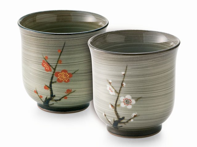 Gagyu Kiln Pair of Yunomi Japanese Teacups - Red and White Plum Blossoms