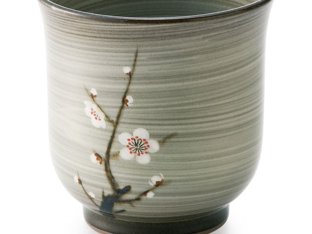 Gagyu Kiln Pair of Yunomi Japanese Teacups - Red and White Plum Blossoms