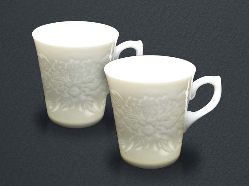 Pair of Coffee Mugs - Hakuji Peony Porcelain, Hand Carved by Mikihiko Yamaguchi
