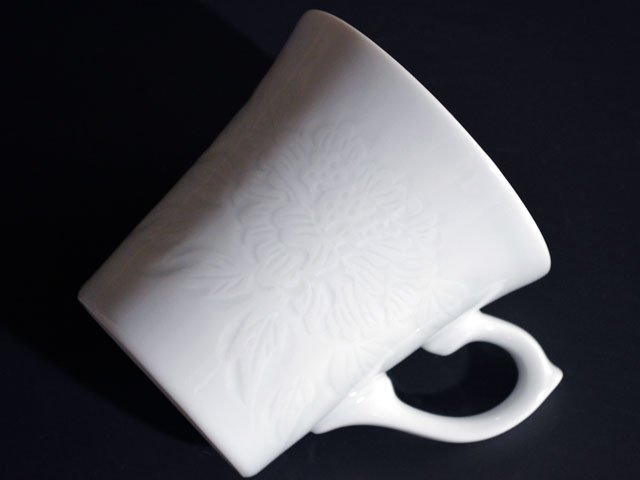 Pair of Coffee Mugs - Hakuji Peony Porcelain, Hand Carved by Mikihiko Yamaguchi