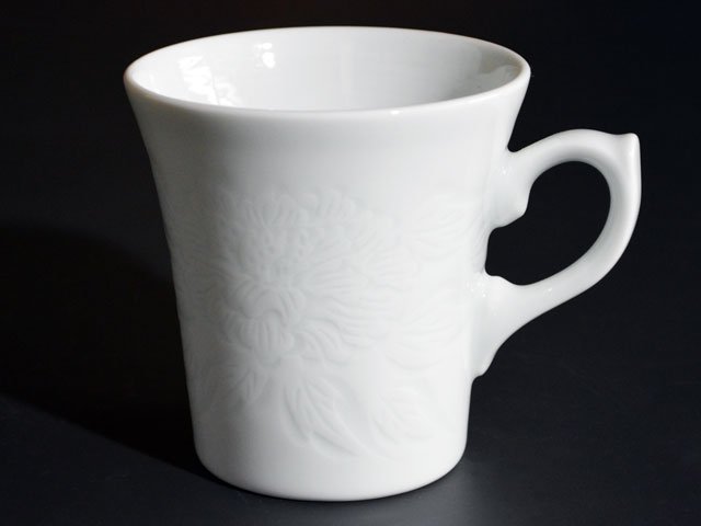 Pair of Coffee Mugs - Hakuji Peony Porcelain, Hand Carved by Mikihiko Yamaguchi