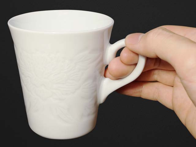 Pair of Coffee Mugs - Hakuji Peony Porcelain, Hand Carved by Mikihiko Yamaguchi