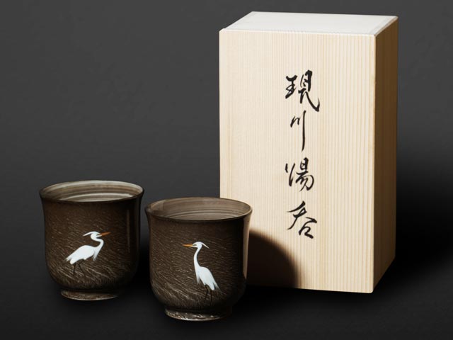 卧牛窑汤吞对装 - 白鹭图，有田烧