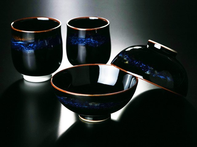Mutsuzoroi Pair Set "Aoki-Myojo" - Rice Bowls and Yunomi, Shinemon Kiln