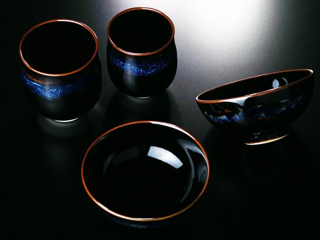 Mutsuzoroi Pair Set "Aoki-Myojo" - Rice Bowls and Yunomi, Shinemon Kiln