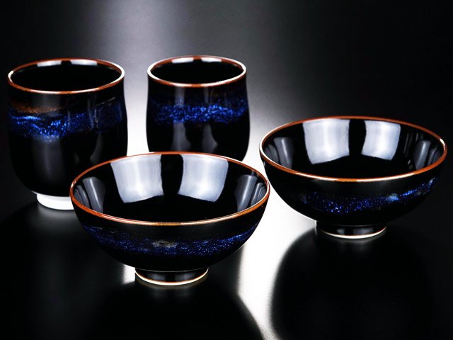 Mutsuzoroi Pair Set "Aoki-Myojo" - Rice Bowls and Yunomi, Shinemon Kiln