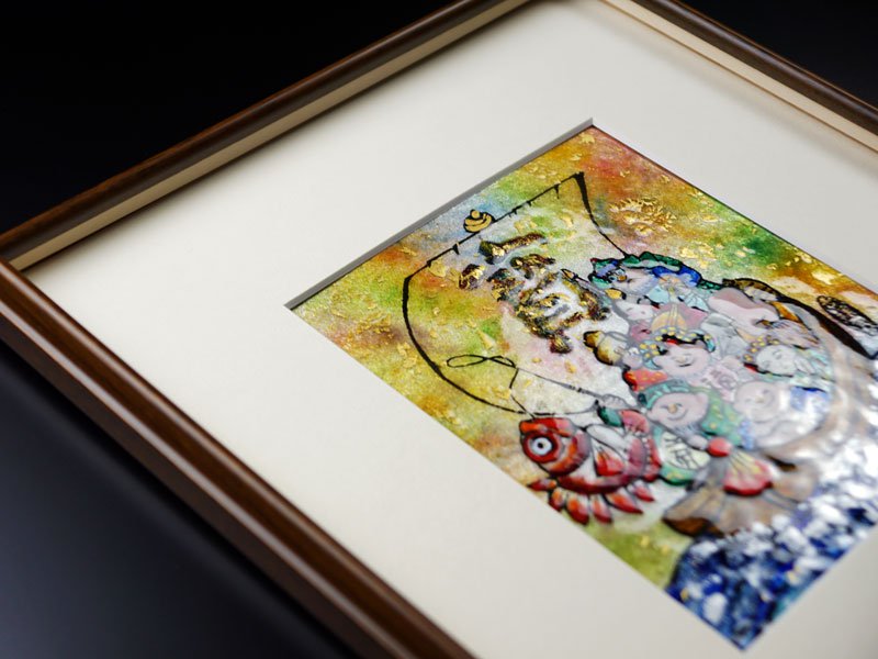 Sankougei, tableau en céramique encadré « Sept Divinités du Bonheur » – cloisonné de Kyoto