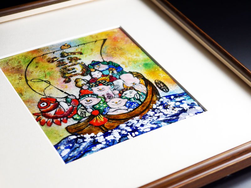Sankougei, tableau en céramique encadré « Sept Divinités du Bonheur » – cloisonné de Kyoto