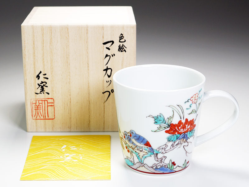 Jin Kiln Coffee Mug - Iroe Plum Blossom and Bird, Arita Ware