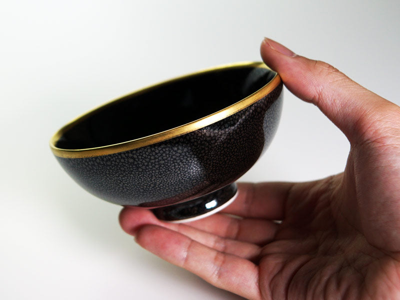 Shinemon Kiln Japanese Rice Bowl - Silver Yuteki Tenmoku, Gold Decoration
