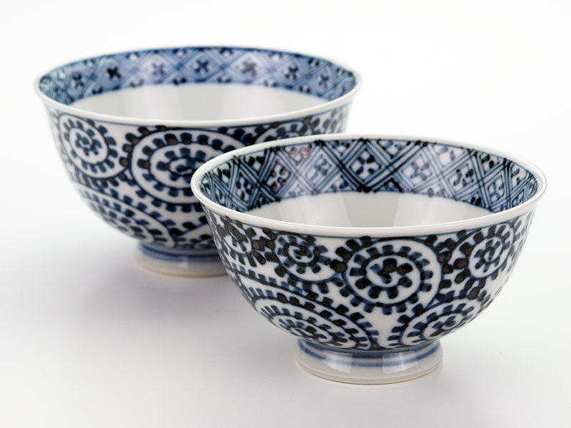 Sojiro Kiln Pair of Rice Bowls - Sometsuke Tako-Karakusa Lattice, Arita Ware