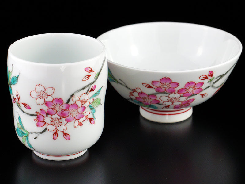 Jin Kiln Rice Bowl and Yunomi Set - Iroe Cherry Blossoms, Arita Ware