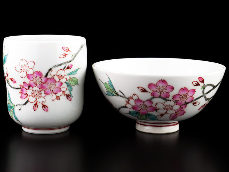Jin Kiln Rice Bowl and Yunomi Set - Iroe Cherry Blossoms, Arita Ware