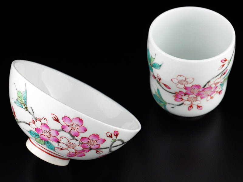 Jin Kiln Rice Bowl and Yunomi Set - Iroe Cherry Blossoms, Arita Ware