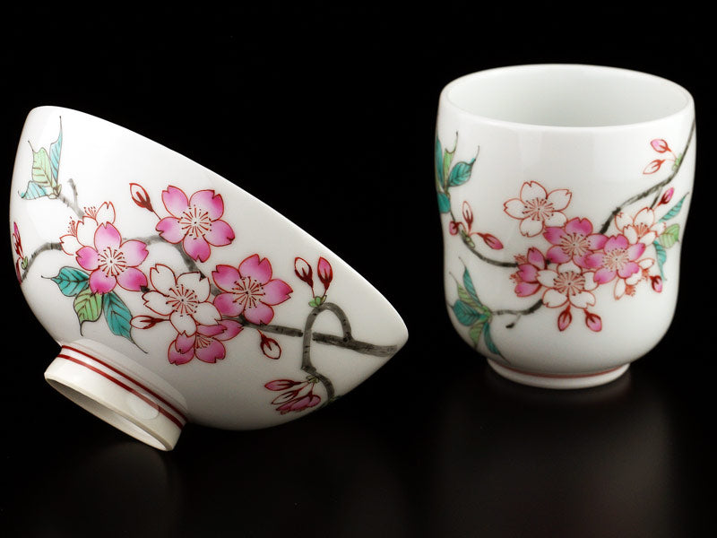 Jin Kiln Rice Bowl and Yunomi Set - Iroe Cherry Blossoms, Arita Ware