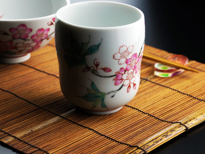 Jin Kiln Rice Bowl and Yunomi Set - Iroe Cherry Blossoms, Arita Ware