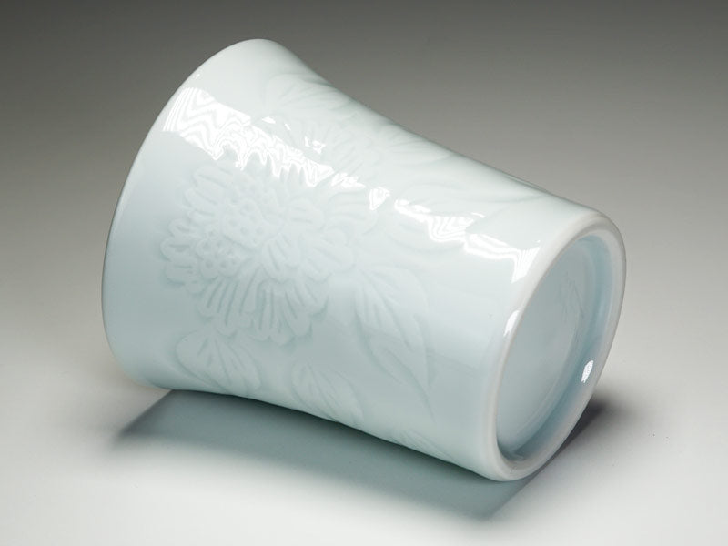 Japanese Whisky Glass - Hakuji Peony Porcelain, Hand Carved by Mikihiko Yamaguchi