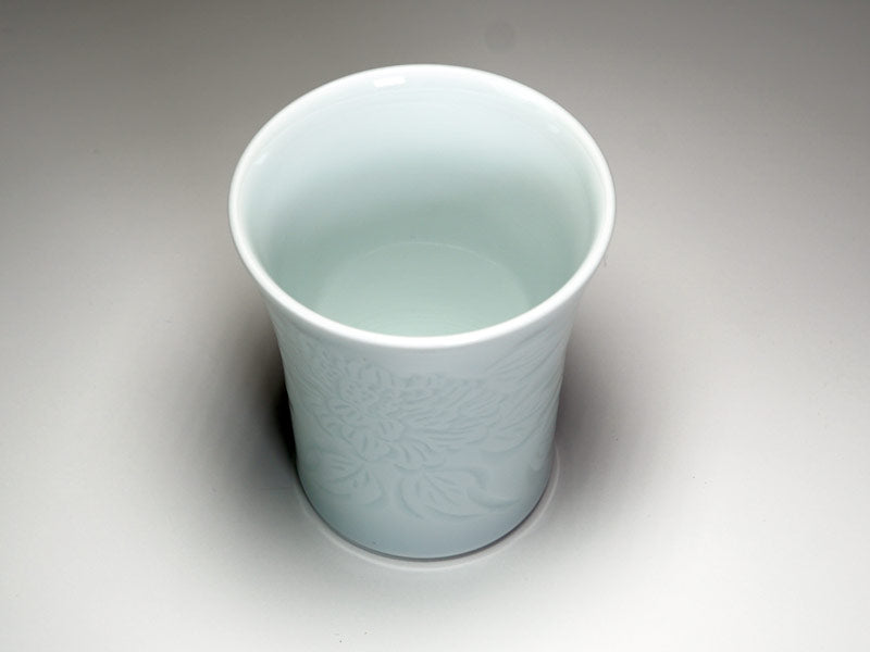 Japanese Whisky Glass - Hakuji Peony Porcelain, Hand Carved by Mikihiko Yamaguchi