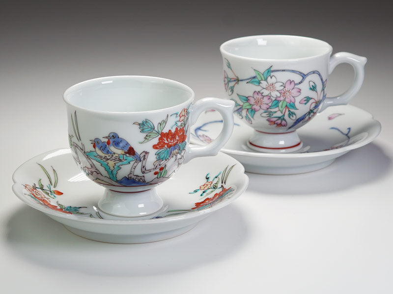 Arita Ware Pair Coffee Cups - Cherry Blossoms and Birds, Iroe Kissho Design